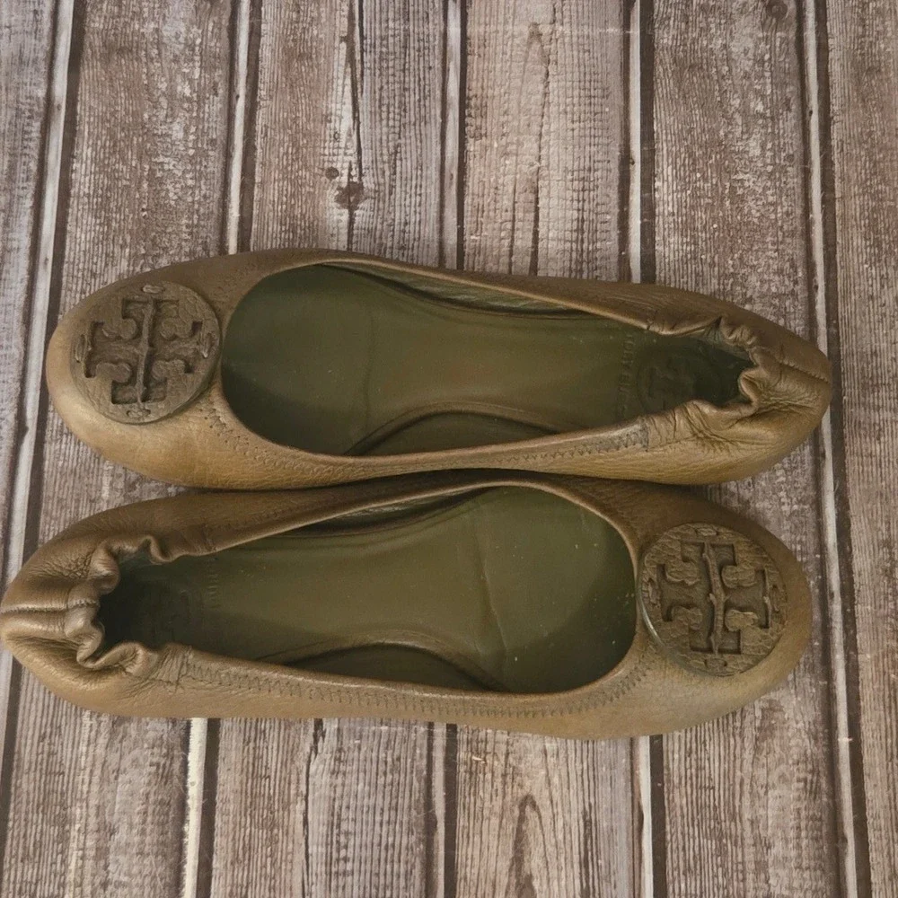 Sz 8 M Tory Burch Reva Olive Green Leather Comfort Ballet Flats Shoes VGUC